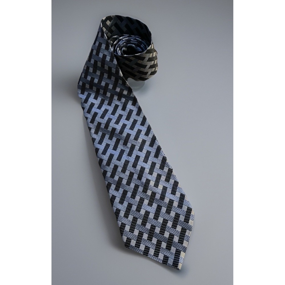 Emilio Romano Neckwear Tie Blue Silver Diamond Weave AOP Italy 100% Silk JBHS